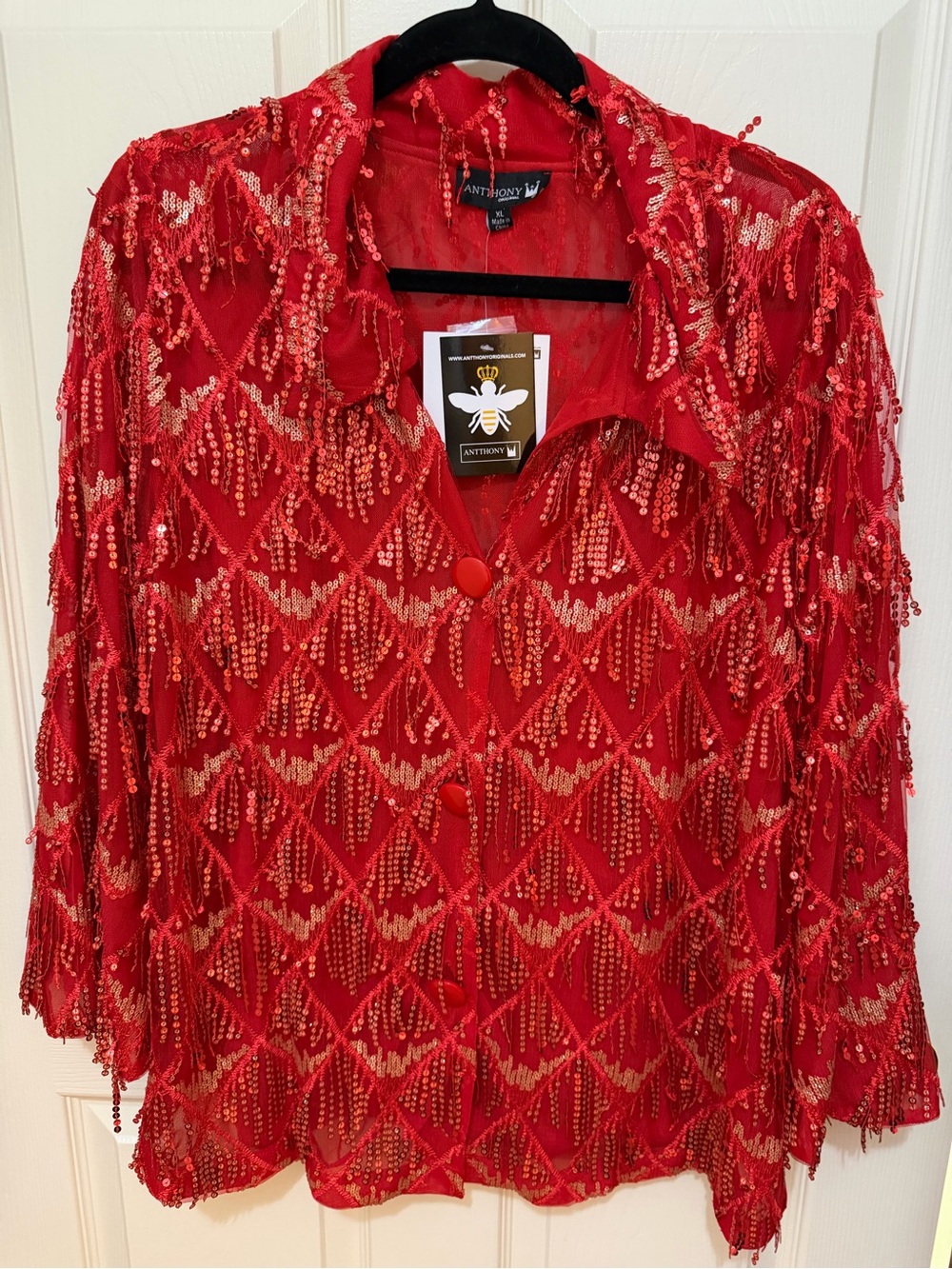 Antthony Red Sequin Fringe Button-Up Blouse